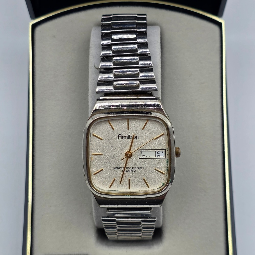 Armitron Watch OS Silver Mens Square Stainless Steel Swiss Quartz Day Date Gift